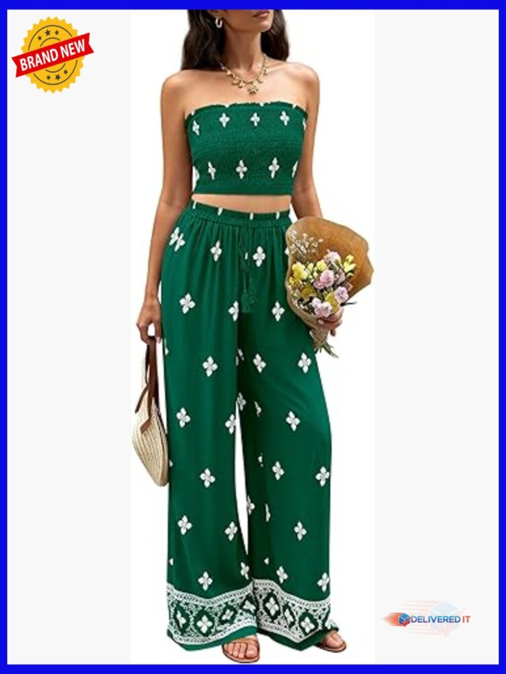 2 Piece Set - Strapless Tube Top & Wide Leg Palazzo Pants, Vacation Outfit